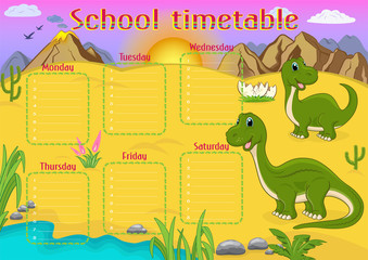 School timetable template with Brontosaurus cartoon characters. Dinosaur and its baby in a prehistoric landscape. Weekly planner for elementary school.