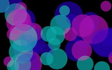 Multicolored translucent circles on a dark background. Pink tones. 3D illustration