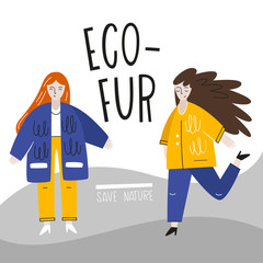 Girls in eco-fur coats. Modern vector illustration. The concept of nature conservation. Flat style - 348895312