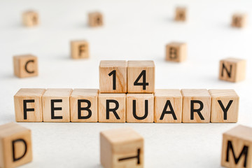 February 14 - from wooden blocks with letters, important date concept, white background random letters around