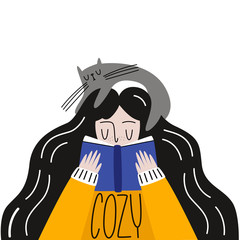 Cozy atmosphere. Vector illustration: a girl in a sweatshirt with a cat reading a book. Flat style - 348895360