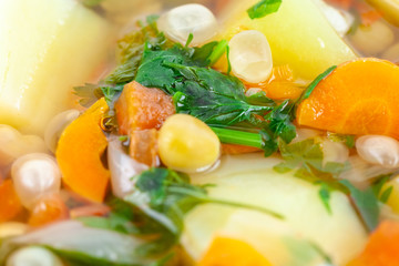 Fresh vegetable soup made of pea, carrot, potato and other vegetables