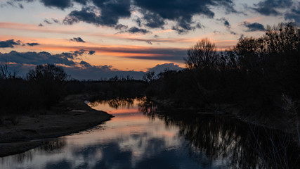 sunset and crowned crane on rever, nature, wildlife