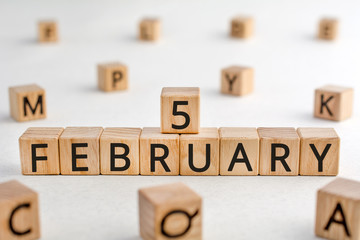 February 5 - from wooden blocks with letters, important date concept, white background random letters around