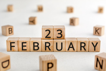February 23 - from wooden blocks with letters, important date concept, white background random letters around