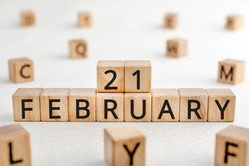February 21 - from wooden blocks with letters, important date concept, white background random letters around