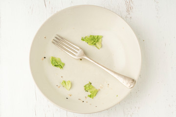 Food leftovers on dirty plate after finished salad