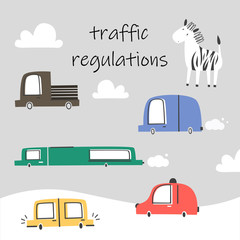 Vector set of children's cars with a Zebra. Traffic regulations - 348896334