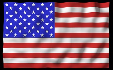 Waving flag of the United States of America on a dark background. Stars and Stripes. State symbol of the USA. 3D illustration