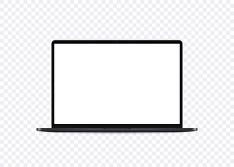 Realistic laptop mockup. Open notebook with white screen in front view. Portable computer template for show your design, website and presentation. Vector 3d illustration.
