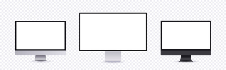 Fototapeta na wymiar Realistic computer mockup, modern frameless monitor collection with empty screen isolated on transparent, background. Personal computer or tv set template, front view.