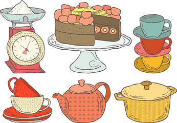 Set of hand drawn kitchenware, isolated vector illustrations