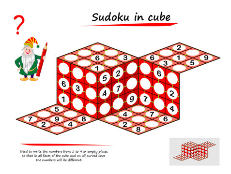 Logic puzzle Sudoku game in 3D space. Need write numbers from 1 to 9 in empty places so that in all faces of cubes and on all curved lines they will be different. Page for brain teaser book. IQ test.