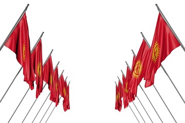pretty any occasion flag 3d illustration. - many Kyrgyzstan flags hangs on diagonal poles from left and right sides isolated on white