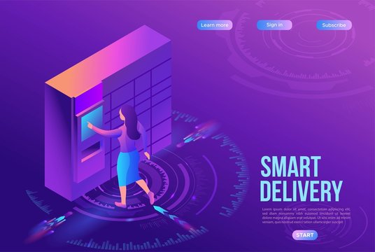 Girl receive parcel from packstation, post delivery concept, landing page template, ui design, 3d isometric vector illustration of postamat terminal, automated self service machine, purple background
