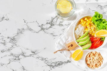 Vegetarian Buddha bowl on a marble table