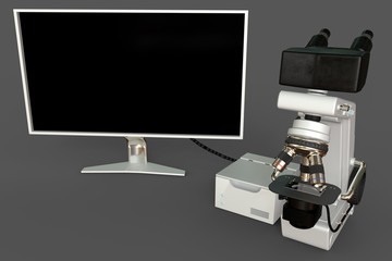 White laboratory microscope, system block and empty screen isolated, realistic medical 3d illustration with fictional design, chemistry discovery concept