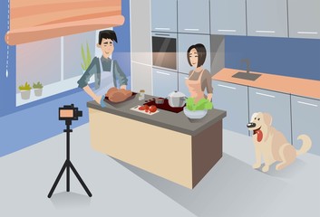 Vector illustration of man, woman and dog in kitchen