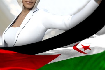 Fototapeta na wymiar sexy business lady holds Western Sahara flag in front on the mall background - flag concept 3d illustration