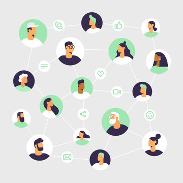 People and internet networks. Online chat and video call between friends and family. Avatars in a circle. Social line icons: call, emoji, message, share, like. Vector illustration in flat design