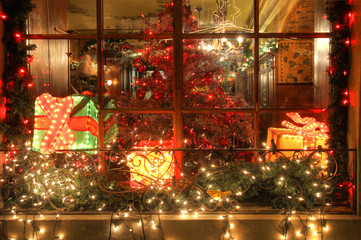 Beautifully decorated restaurant window during Christmas season