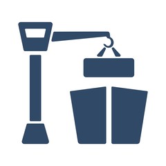 Tower crane lifting concrete slab, construction materials. Flat icon design.