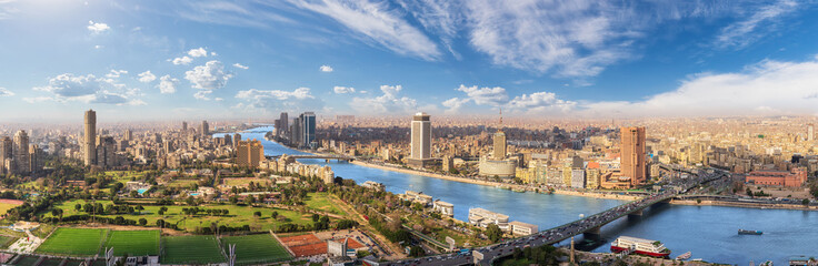 Cairo aerial panorama, the Nile and the downtown buildings, Egypt - obrazy, fototapety, plakaty