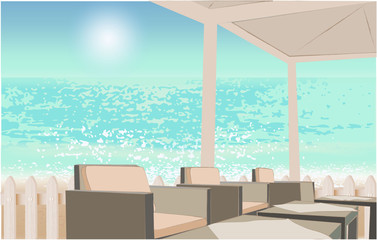 Beach cafe concept. Isometric illustration with beach view, fence and tables and chairs under the open sky