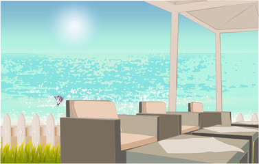 Beach cafe concept. Isometric illustration with beach view, fence, grass, butterfly and tables and chairs under the open sky