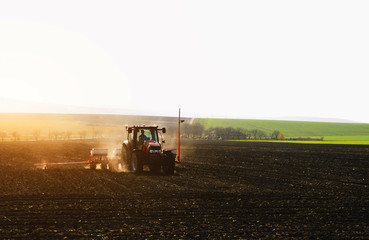 Farmer with tractor seeding sowing crops at agricultural fields in spring at sunset 