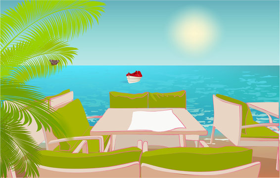 Beach cafe concept. Isometric illustration with beach view, palm, boat, butterfly and tables and chairs under the open sky
