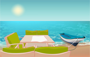 Beach cafe concept. Isometric illustration with beach view, boat and tables and chairs under the open sky