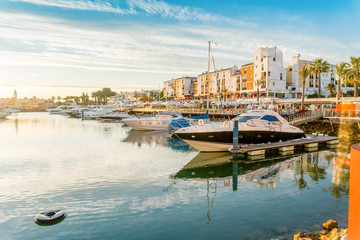 Beautiful marina in touristic Vilamoura, Quarteira, Algarve, Portugal - obrazy, fototapety, plakaty