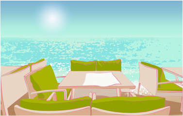 Beach cafe concept. Isometric illustration with beach view and tables and chairs under the open sky