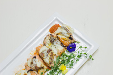 a restaurant dish prepared by a chef for special occasions: weddings, parties, birthdays and just a good dinner. Meat with sauce.