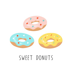 Sweet donuts, dessert, festive food. Vector illustration isolated on a white background.