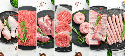 Photo collage. Raw meat, vegetables and spices. Top view.