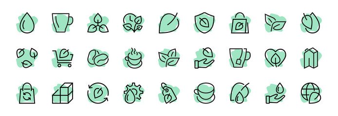 Ecology Icon Set, Vector lines, contains icons such as photosynthesis, Enviroment protection, Eco-friendly package, growth time, Editable stroke, perfect 48x48 pixels, White background