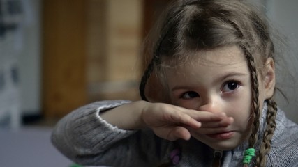 Mistreated child. Little girl upset. Child abuse and crying kid.