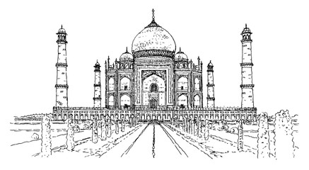 Taj Mahal, hand drawn illustration, Agra, India, Asia