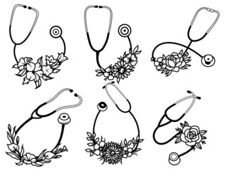 Set of medical stethoscopes. Collection stethoscope with floral frame. Medical device. Vector illustration for doctors.