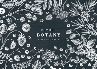 Summer berries and flowers frame on chalk board. Hand drawn berry design - strawberry, cranberry, currant, cherry, bilberry, raspberry, blueberry hand drawing on chalkboard