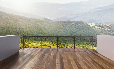 Luxury terrace in the mounting house. Balcony view of mountains. Background with beautiful landscape. Sunny Day. Terrace with a beautiful view.