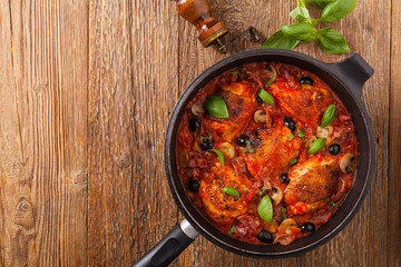 Traditionally made chicken in tomato sauce cacciatore.