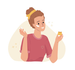 Face cream, beauty skin care. Cute young woman applying moisturizing cream on her face. Everyday personal care, skincare daily routine, hygienic procedure. Flat cartoon colorful vector illustration.