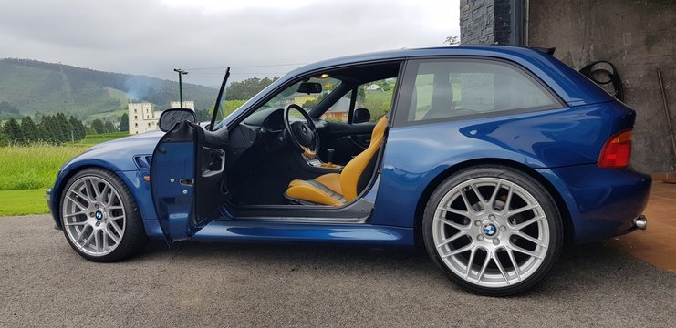 Navia, Asturias / Spain: May 12, 2021: Bmw z3 coupe in perfect condition after exhaustive restoration, with seats in the Kyalami Arizona Sun model, manufactured by BMW for its z3 model more than 20 ye