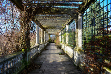 Winter view of the Hampstead Pergola in the Golders Hill Park, close to West Hampstead Heath, North London, United Kingdom. The Pergola was built in 1904 by Lord Leverhulme
