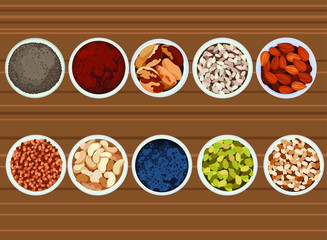 Set of healthy snacks. Collection of healthy food of the rich on vitamins and a dumpling of a seminar of flax, cereal, beans. Vegetarian food conception. Color illustration for a store. 