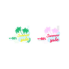 Vector set of seasonal discounts and sales - vector template summer sales up to 50%, two options. Bright, color advertisement with palm trees - shopping day. summer sale instagram post pack