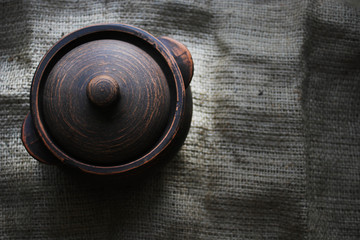 Clay pot on a piece of cloth